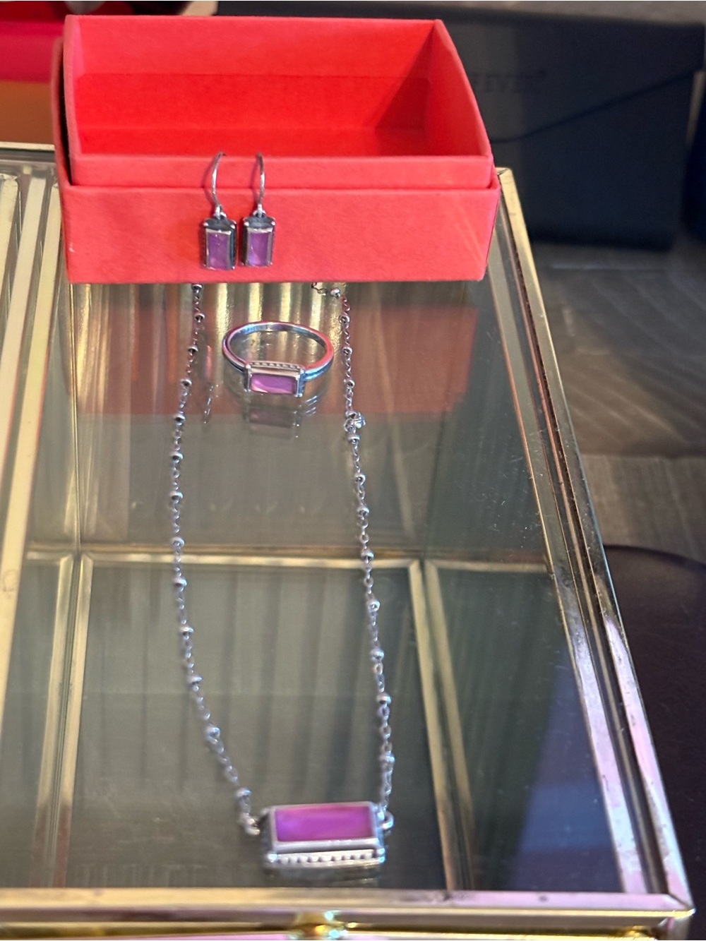 James Avery Sterling Silver Necklace, Ring  sz 8 & Earring Set with Pink Stones - Picture 2 of 4